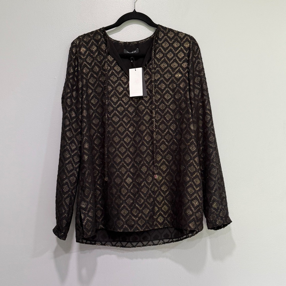Lafayette 148 New York Eli Blouse Black Gold Metallic Diamond Small $448